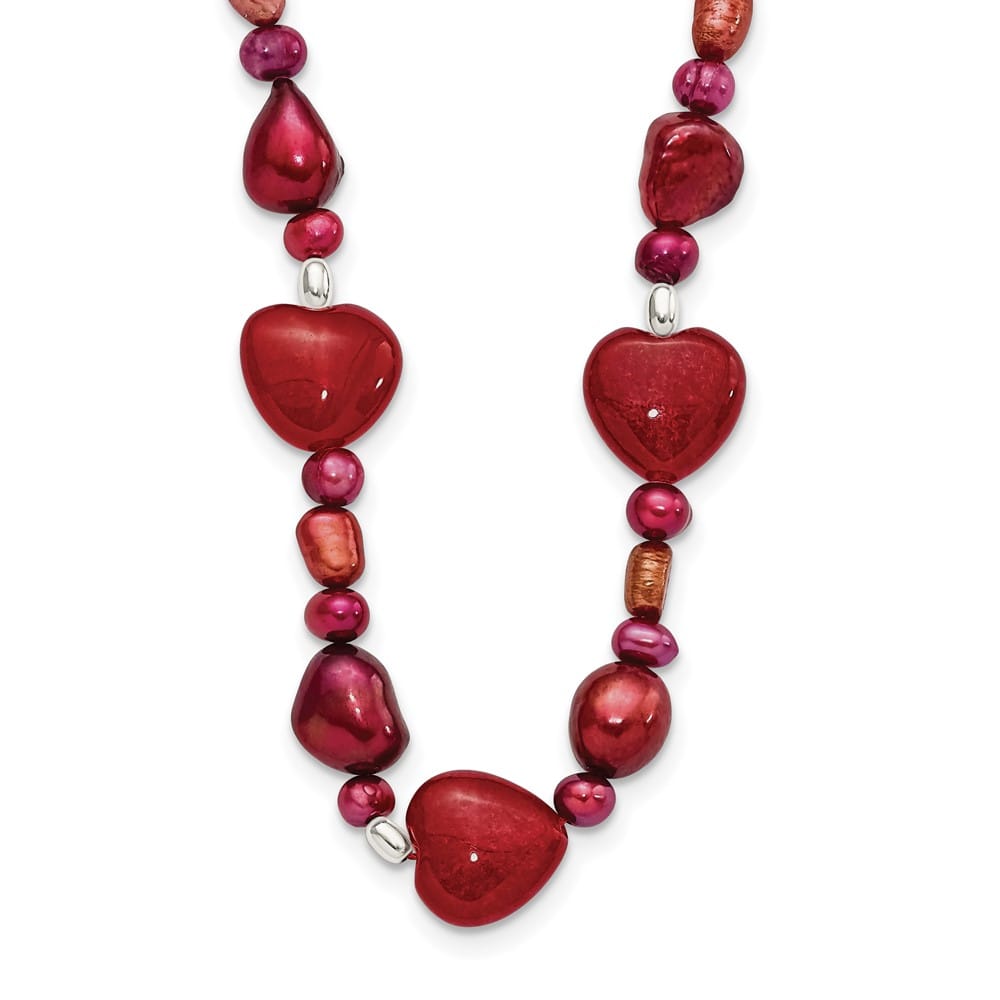 Sterling Silver Red Jade Hearts and Cultured Pearl 17 inch Necklace
