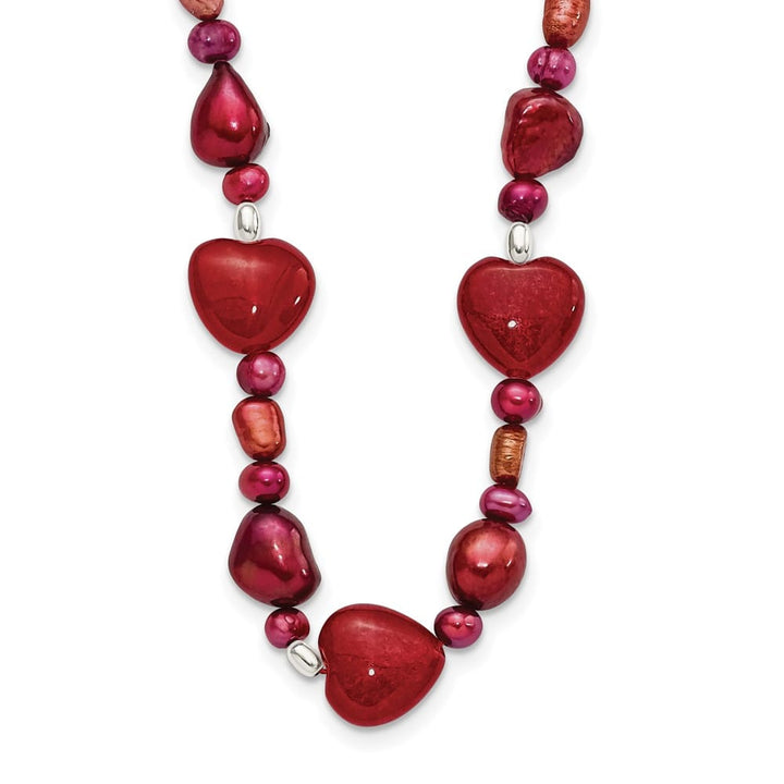 Sterling Silver Red Jade Hearts and Cultured Pearl 17 inch Necklace