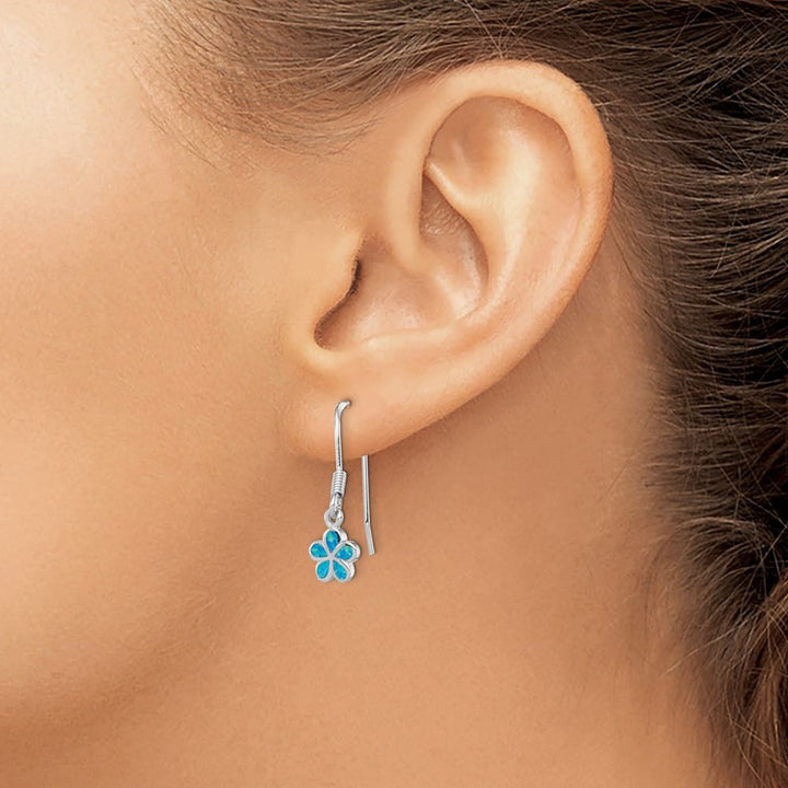 Sterling Silver Rhod- Created Blue Opal Inlay Flower Dangle Earrings, view 3 of 4
