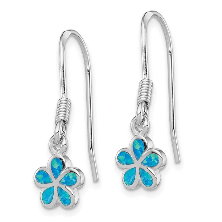 Sterling Silver Rhod- Created Blue Opal Inlay Flower Dangle Earrings, view 2 of 4