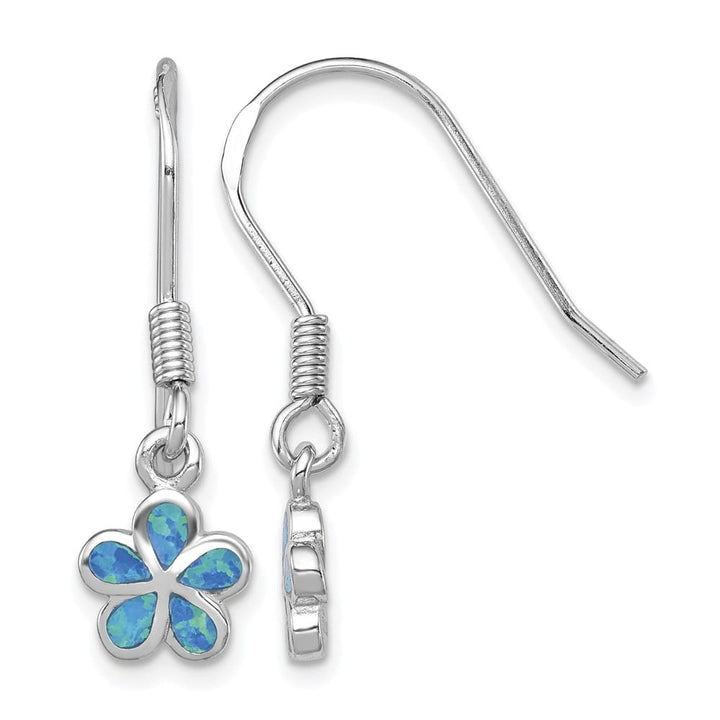Sterling Silver Rhod- Created Blue Opal Inlay Flower Dangle Earrings, view 1 of 4