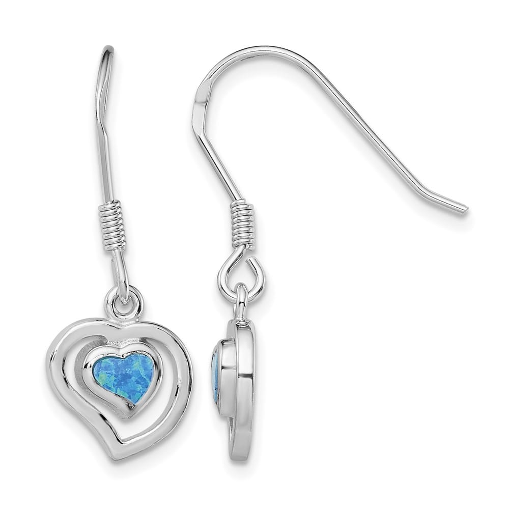 Sterling Silver Rhod- Created Blue Opal Inlay Heart Dangle Earrings, view 1 of 4
