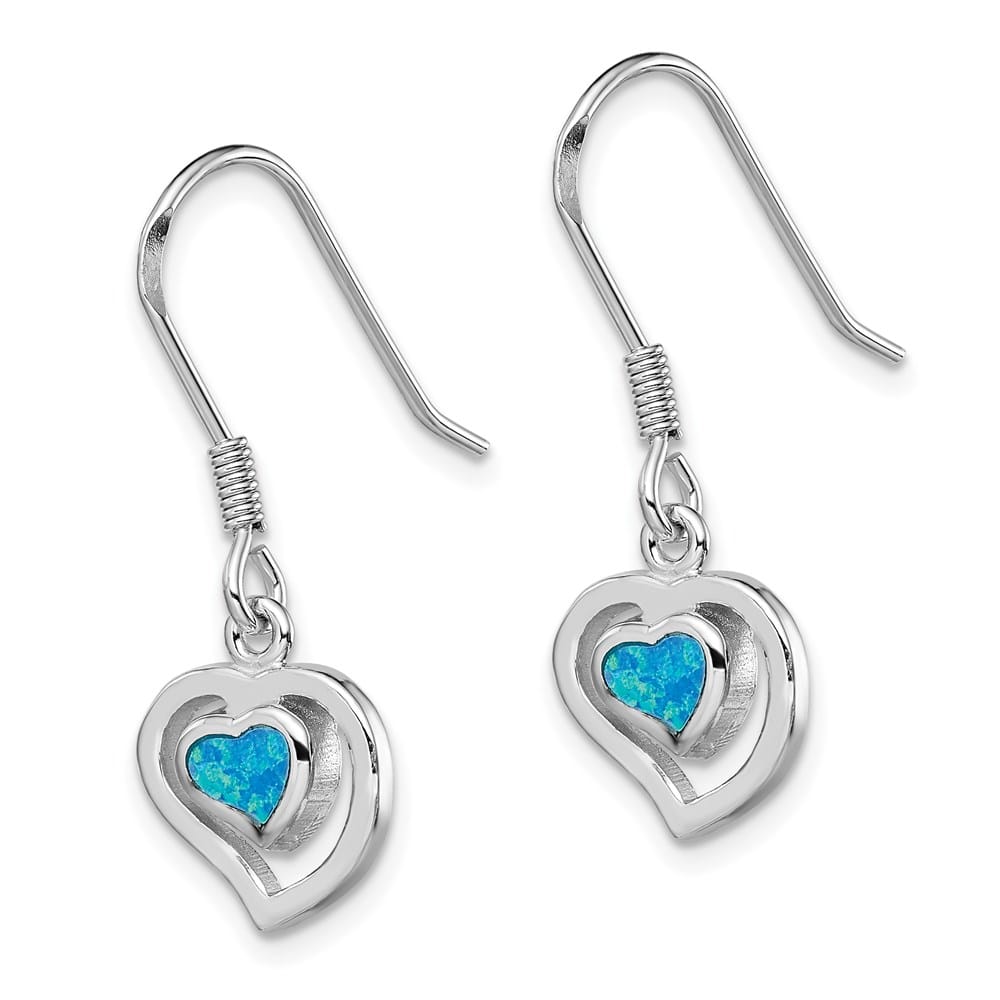 Sterling Silver Rhod- Created Blue Opal Inlay Heart Dangle Earrings, view 2 of 4