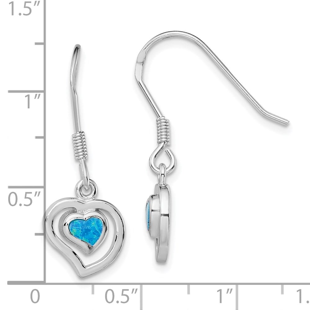 Sterling Silver Rhod- Created Blue Opal Inlay Heart Dangle Earrings, view 4 of 4