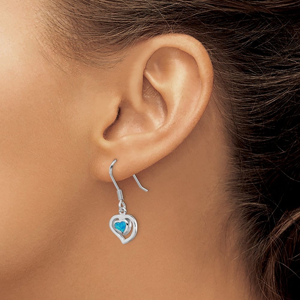 Sterling Silver Rhod- Created Blue Opal Inlay Heart Dangle Earrings, view 3 of 4