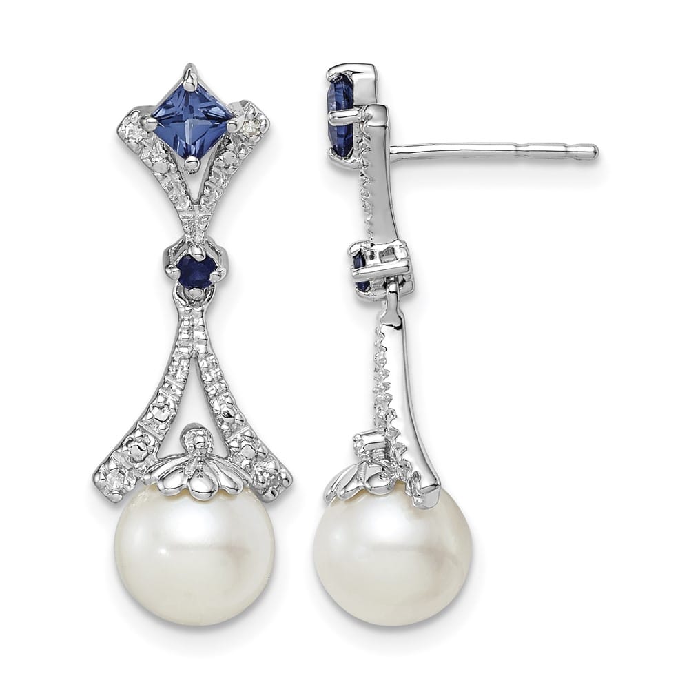 Sterling Silver Rhod Dia. FW Cultured Pearl/Cr. Sapphire Ear Earrings, view 1 of 4