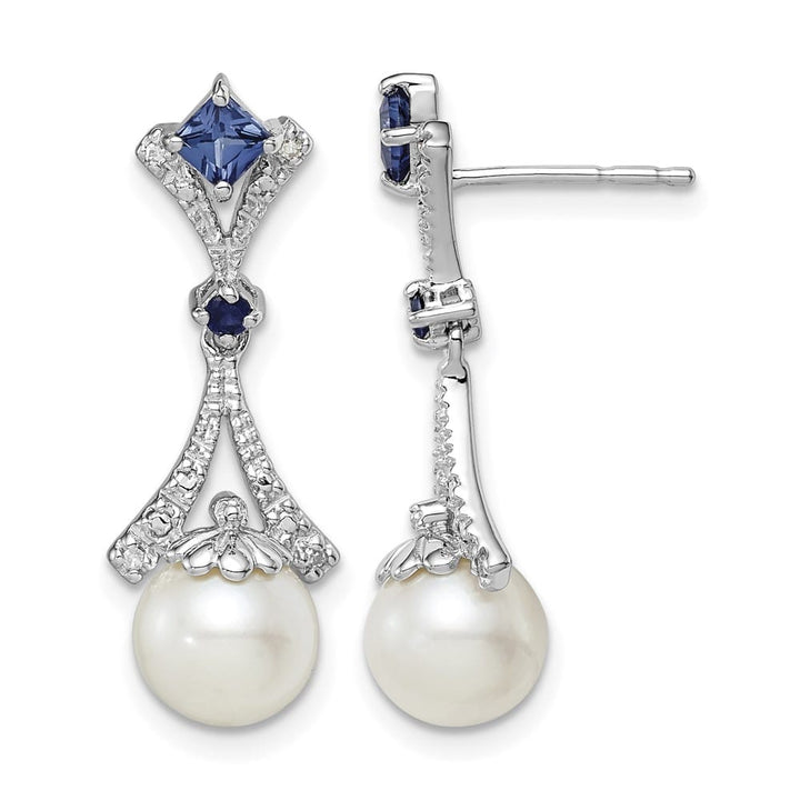 Sterling Silver Rhod Dia. FW Cultured Pearl/Cr. Sapphire Ear Earrings, view 1 of 4