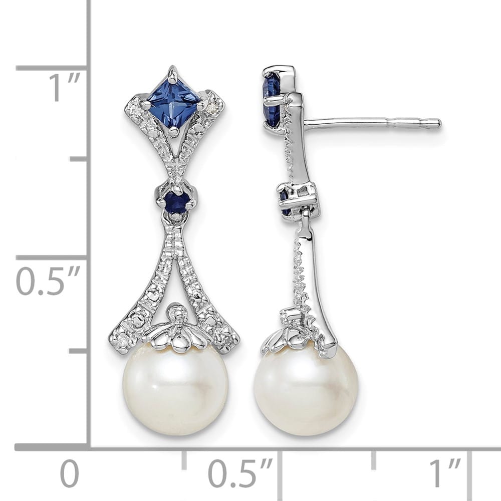 Sterling Silver Rhod Dia. FW Cultured Pearl/Cr. Sapphire Ear Earrings, view 4 of 4