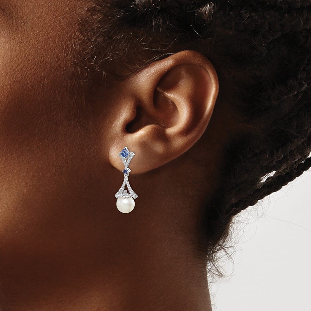 Sterling Silver Rhod Dia. FW Cultured Pearl/Cr. Sapphire Ear Earrings, view 3 of 4