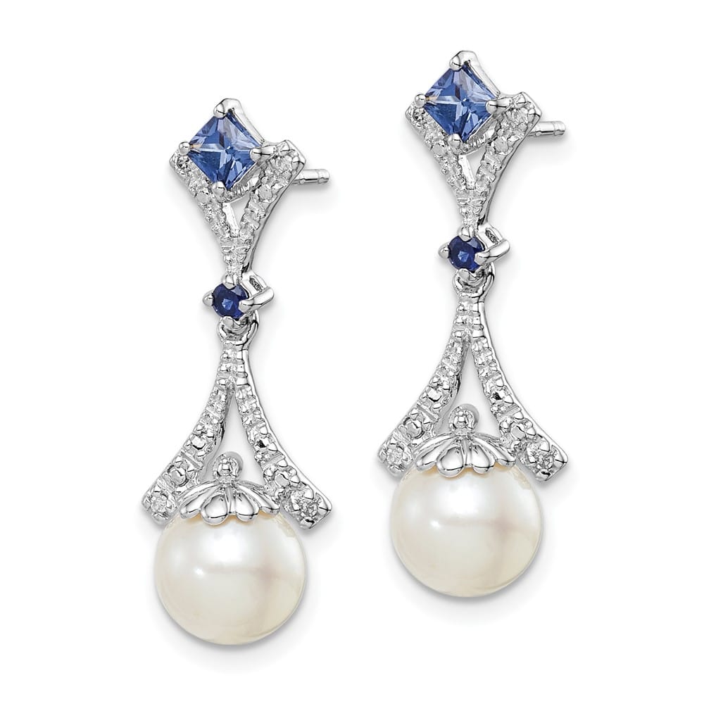 Sterling Silver Rhod Dia. FW Cultured Pearl/Cr. Sapphire Ear Earrings, view 2 of 4