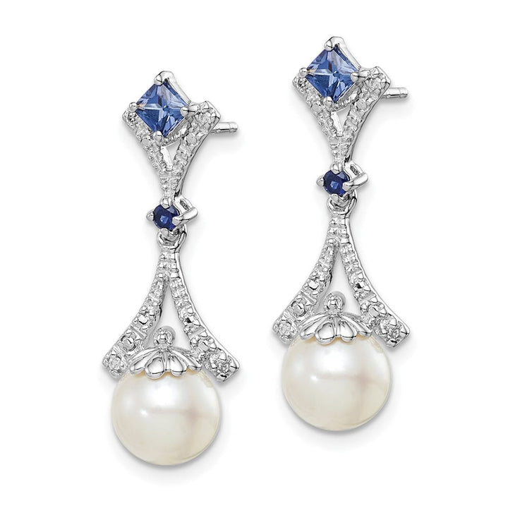 Sterling Silver Rhod Dia. FW Cultured Pearl/Cr. Sapphire Ear Earrings, view 2 of 4