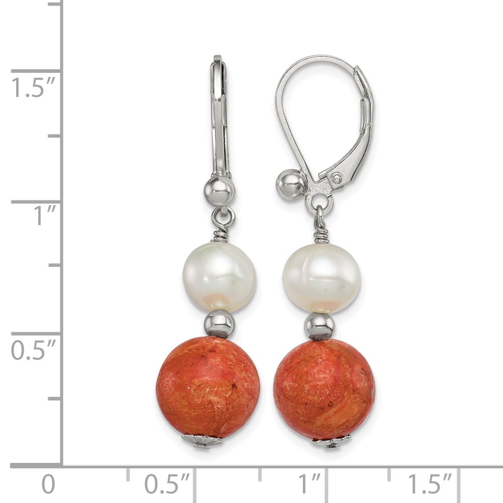 Sterling Silver Rhod- Fwc Pearl/Recons. Red Coral Dangle Earrings, view 4 of 4