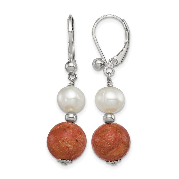 Sterling Silver Rhod- Fwc Pearl/Recons. Red Coral Dangle Earrings, view 1 of 4