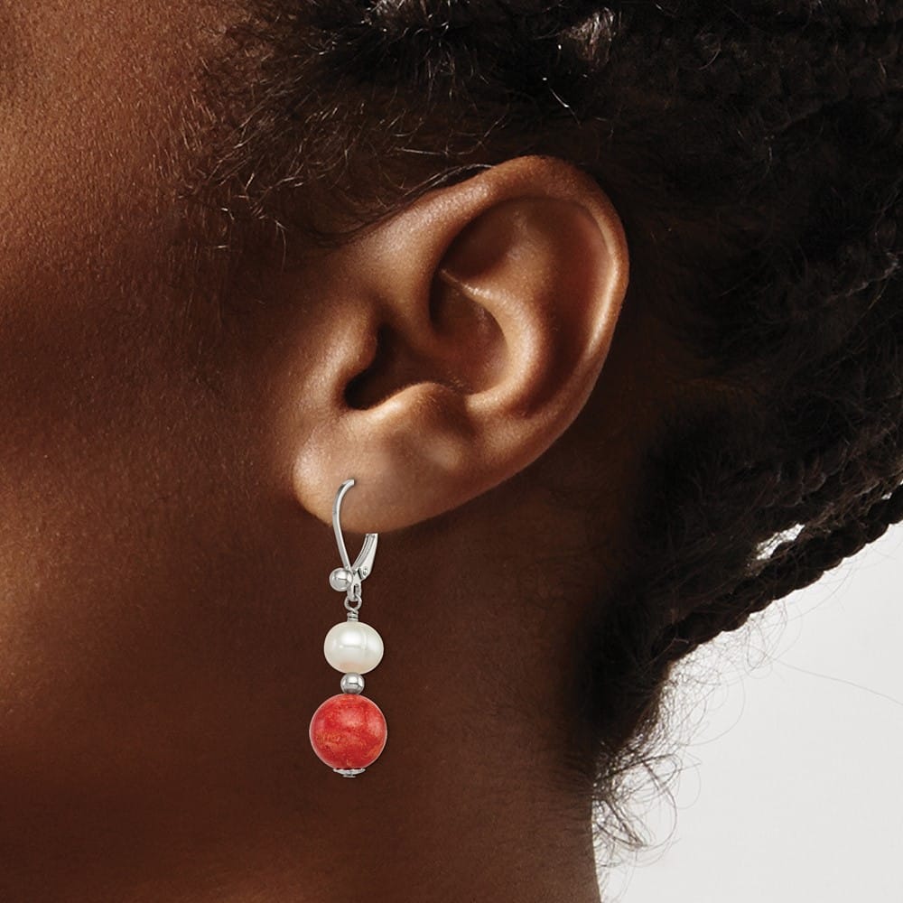 Sterling Silver Rhod- Fwc Pearl/Recons. Red Coral Dangle Earrings, view 3 of 4