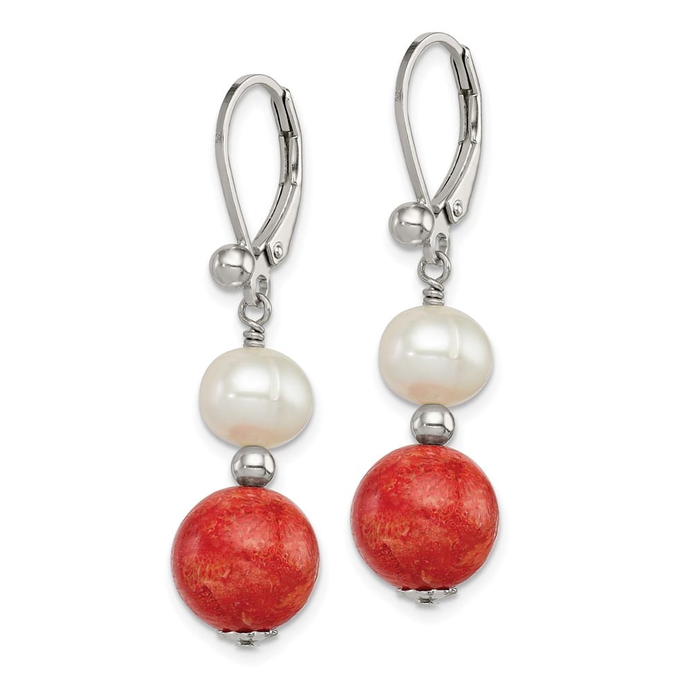 Sterling Silver Rhod- Fwc Pearl/Recons. Red Coral Dangle Earrings, view 2 of 4