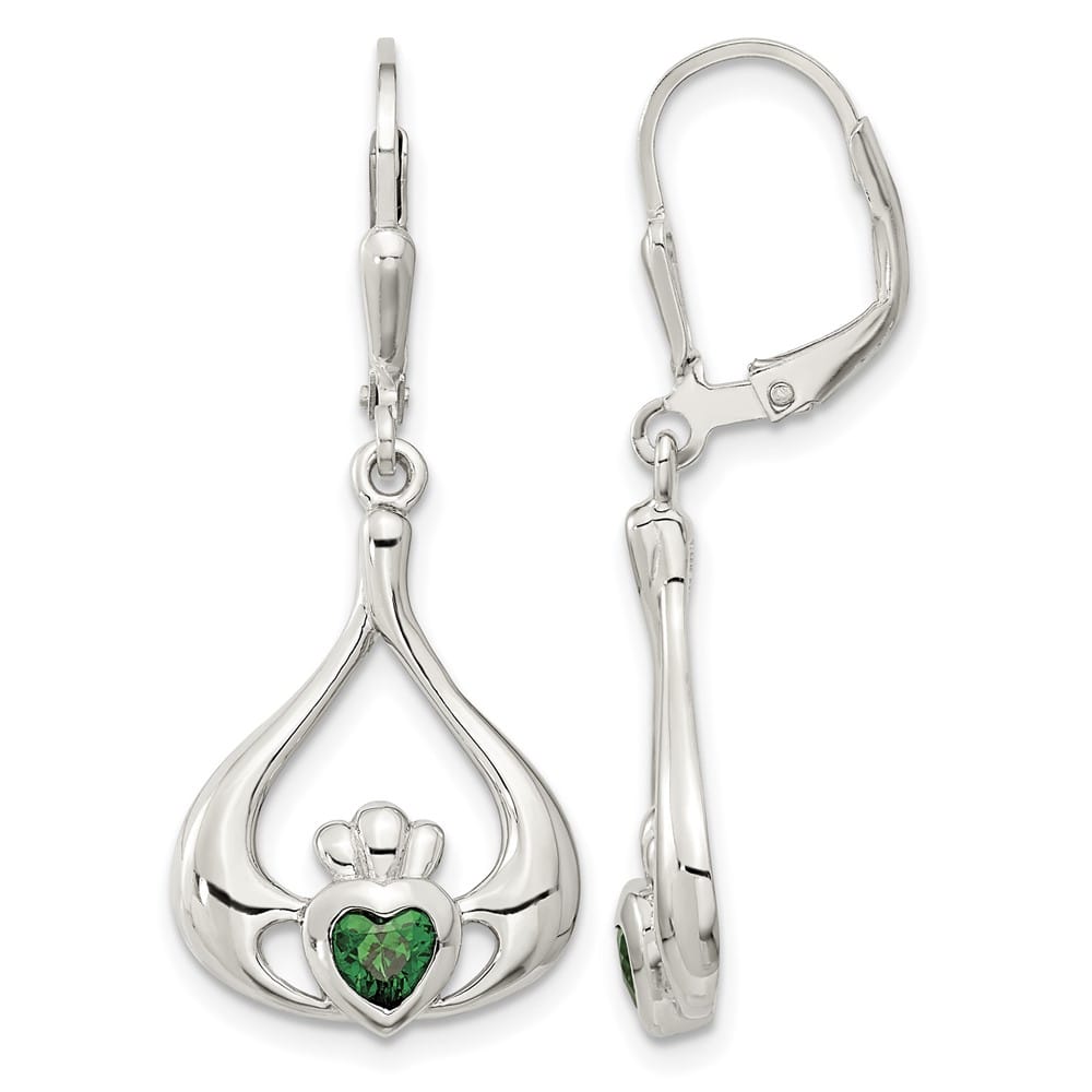 Sterling Silver Rhod- Grn CZ Heart Leverback Claddagh Dangle Earrings, view 1 of 4