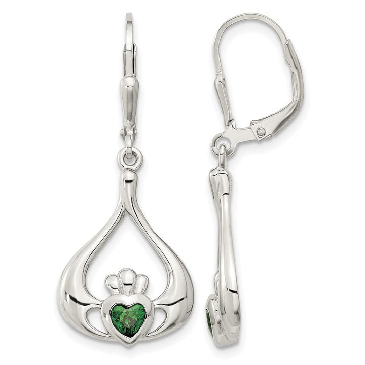 Sterling Silver Rhod- Grn CZ Heart Leverback Claddagh Dangle Earrings, view 1 of 4