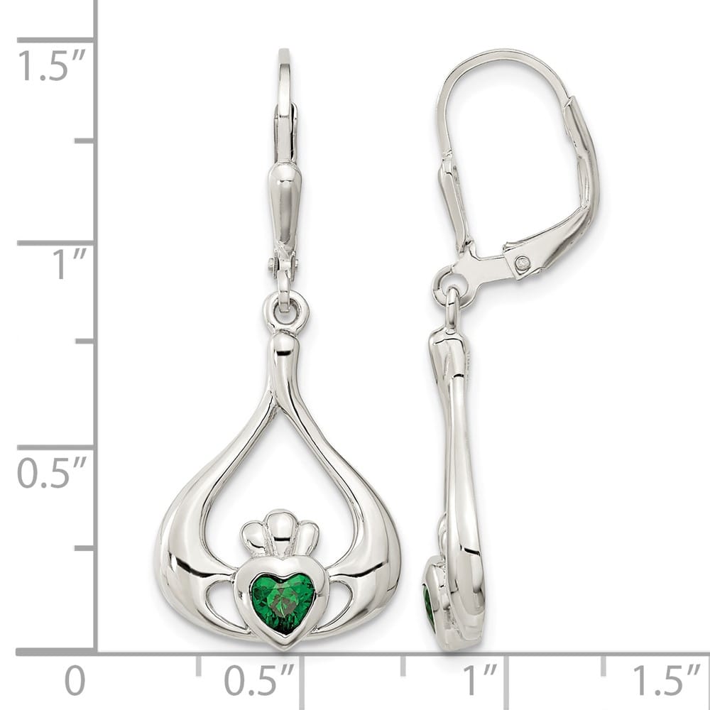Sterling Silver Rhod- Grn CZ Heart Leverback Claddagh Dangle Earrings, view 4 of 4
