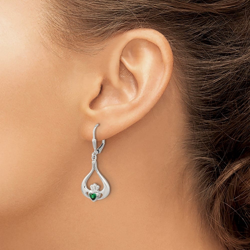 Sterling Silver Rhod- Grn CZ Heart Leverback Claddagh Dangle Earrings, view 3 of 4