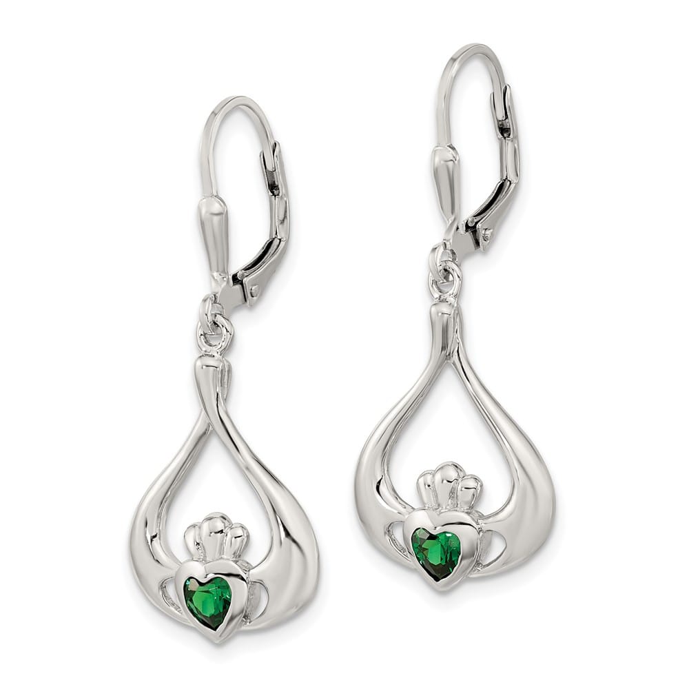 Sterling Silver Rhod- Grn CZ Heart Leverback Claddagh Dangle Earrings, view 2 of 4
