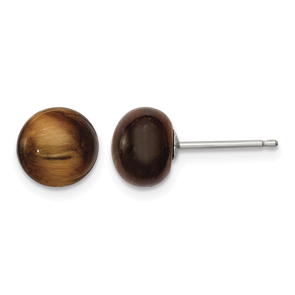 Sterling Silver Rhod-pltd 8-8.5mm Tiger's Eye Button Post Earrings, view 1 of 4