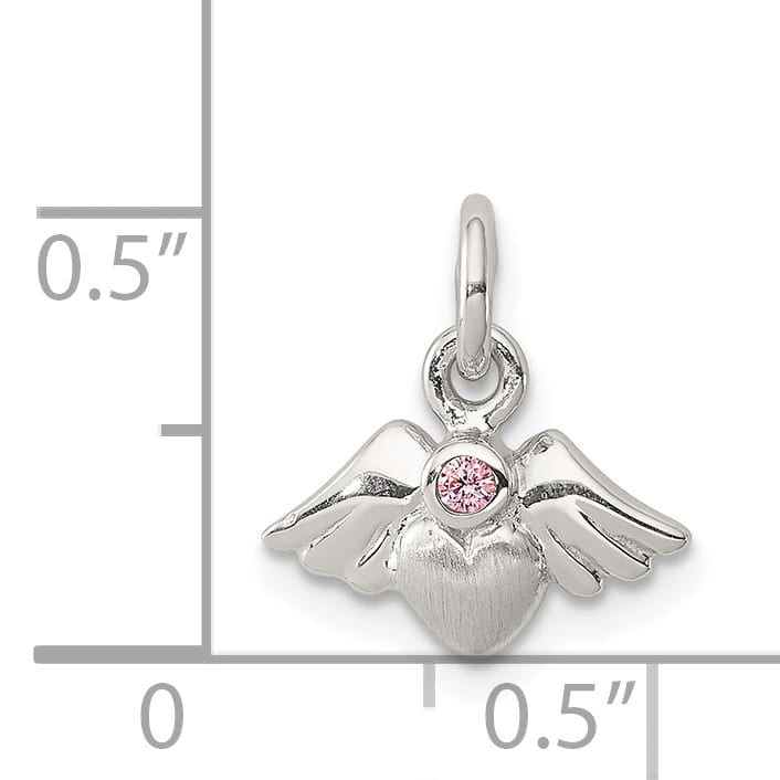 Sterling Silver Rhod-pltd /Satin Heart with Wings Pink CZ Pendant