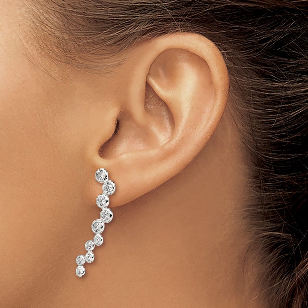 Sterling Silver Rhod- Polished Bezel CZ Post Ear Climber Earrings, view 3 of 4
