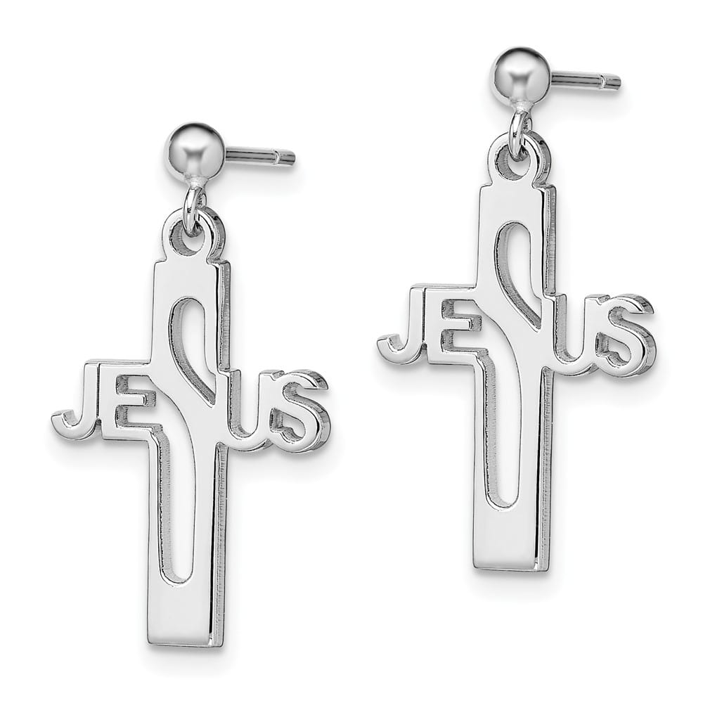 Sterling Silver Rhod- Polished Jesus Cross Post Dangle Earrings, view 2 of 4