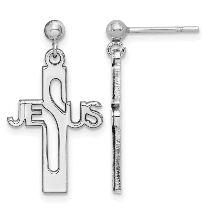 Sterling Silver Rhod- Polished Jesus Cross Post Dangle Earrings, view 1 of 4