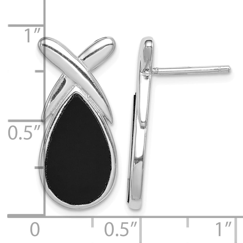 Sterling Silver Rhod- Polished Onyx Teardrop X Post Drop Earrings, view 4 of 4
