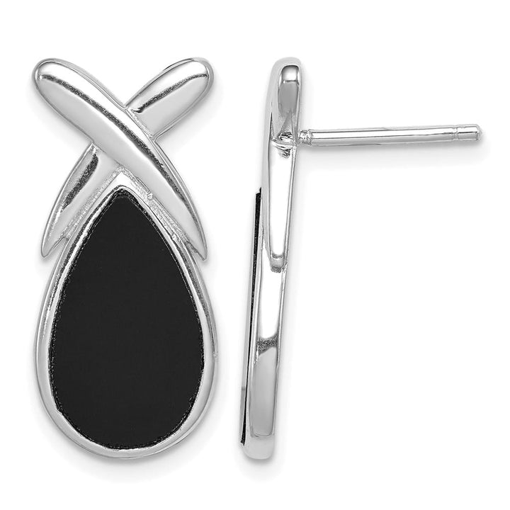 Sterling Silver Rhod- Polished Onyx Teardrop X Post Drop Earrings, view 1 of 4