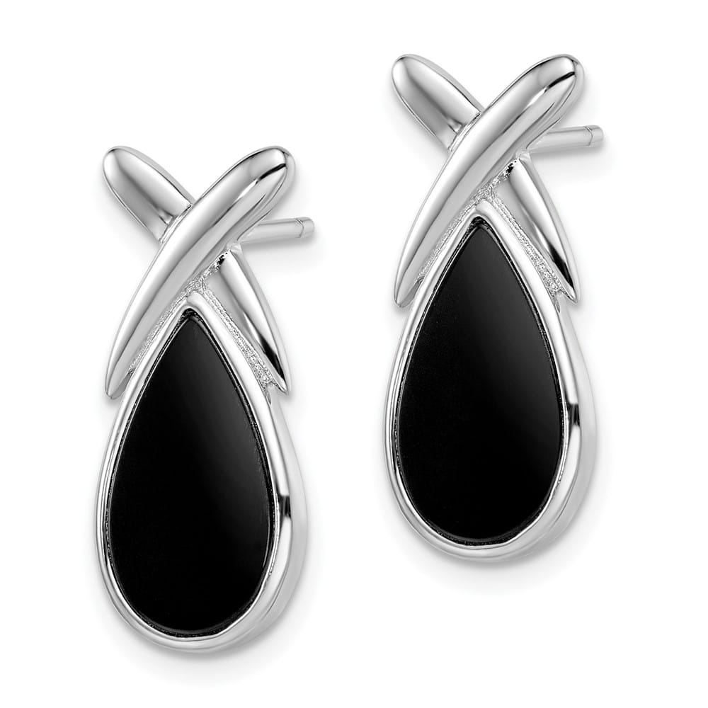 Sterling Silver Rhod- Polished Onyx Teardrop X Post Drop Earrings, view 2 of 4