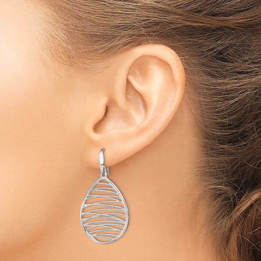 Sterling Silver Rhod- Polished/Textured Teardrop Dangle Earrings, view 3 of 5