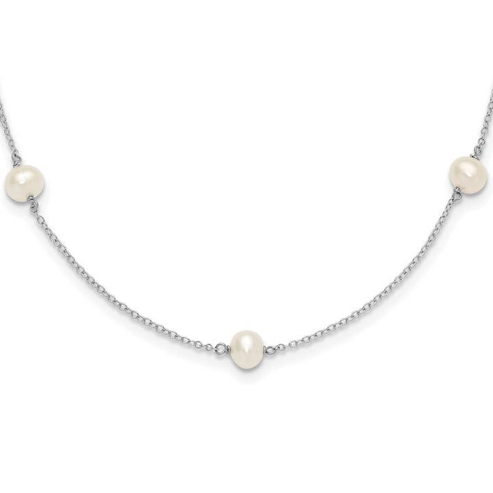Sterling Silver Rhodium 5-5.5mm Pearl 5-Station 12 Inch Necklace