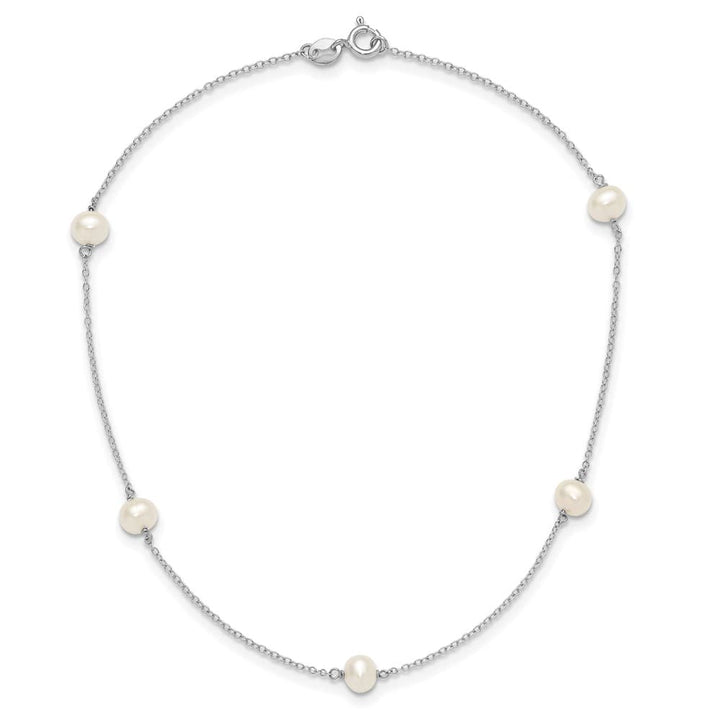 Sterling Silver Rhodium 5-5.5mm Pearl 5-Station 12 Inch Necklace