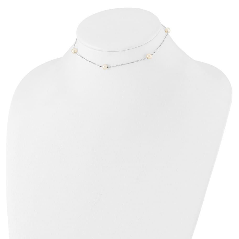 Sterling Silver Rhodium 5-5.5mm Pearl 5-Station 12 Inch Necklace
