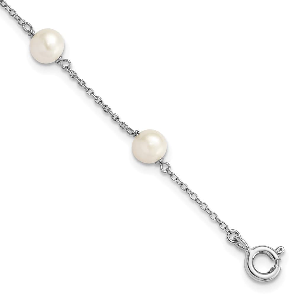 Sterling Silver Rhodium 5-5.5mm White Pearl 3-Station 4 Inch Bracelet
