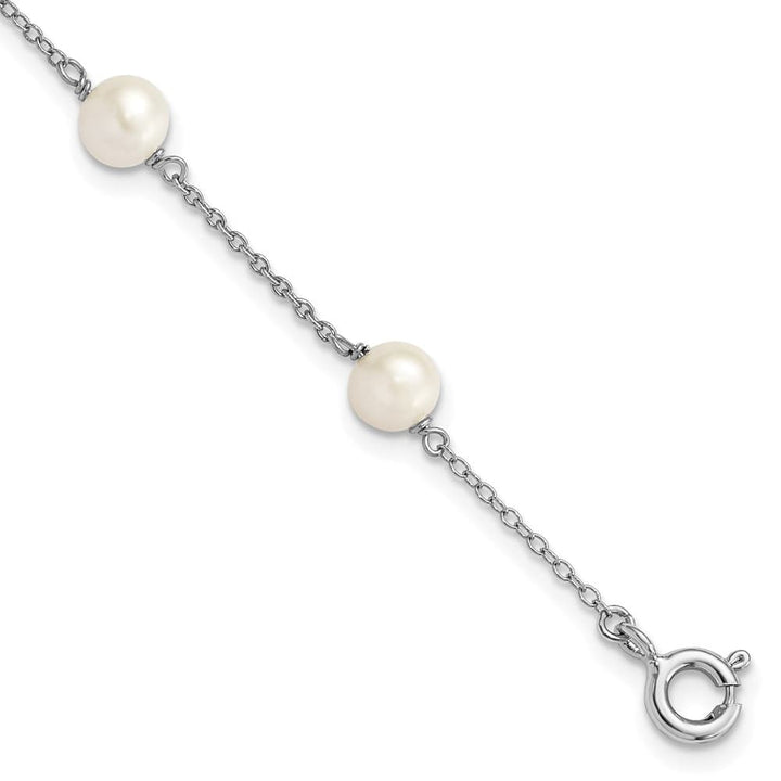 Sterling Silver Rhodium 5-5.5mm White Pearl 3-Station 4 Inch Bracelet