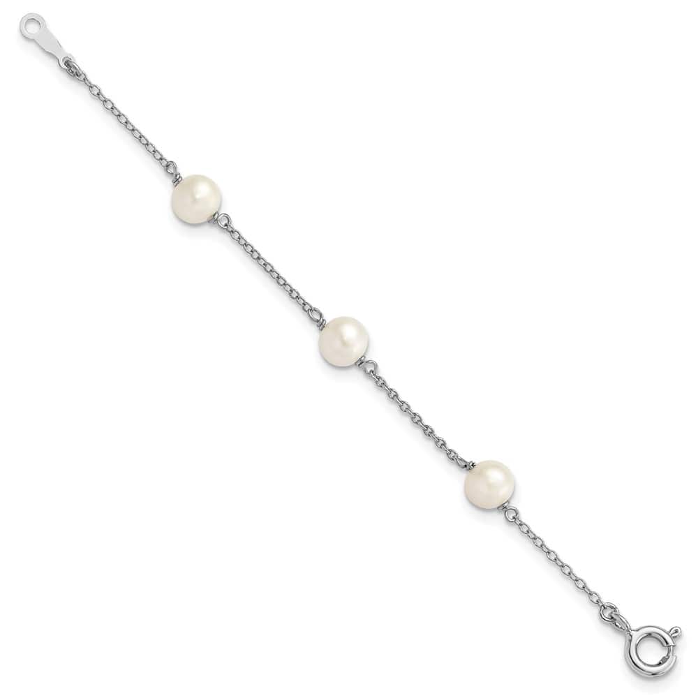 Sterling Silver Rhodium 5-5.5mm White Pearl 3-Station 4 Inch Bracelet