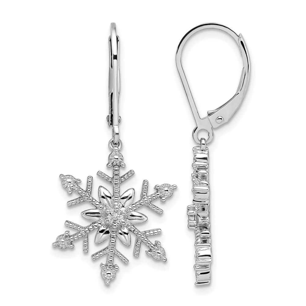 Sterling Silver Rhodium Diam. Snowflake Leverback Earrings, view 1 of 4