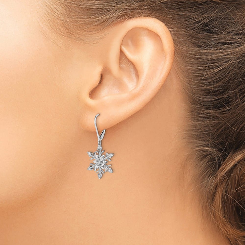 Sterling Silver Rhodium Diam. Snowflake Leverback Earrings, view 3 of 4
