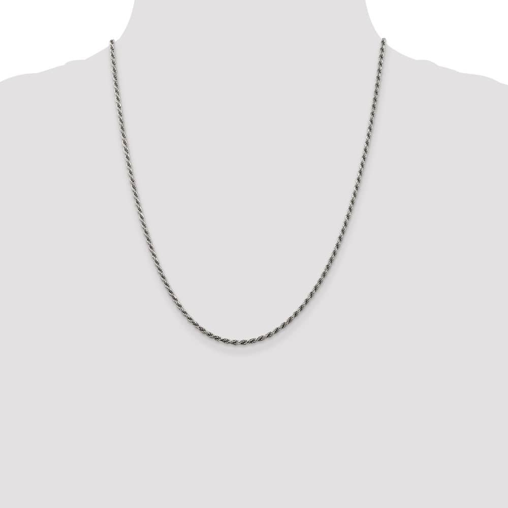 Sterling Silver Rhodium Finish 2.25mm D.C. Rope Chain Size 22