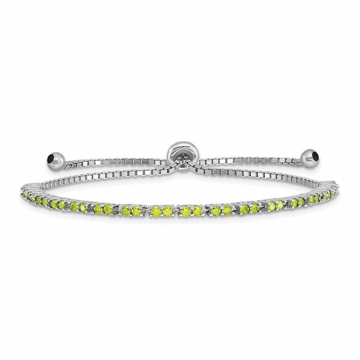 Sterling Silver Rhodium-plated August Light Green CZ Bolo Bracelet