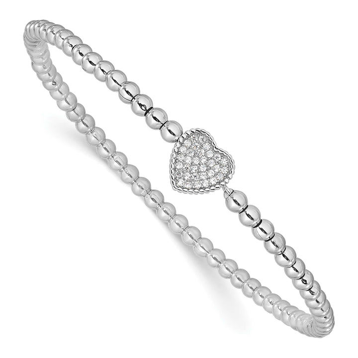 Sterling Silver Rhodium-plated Beaded CZ Heart Stretch Bracelet