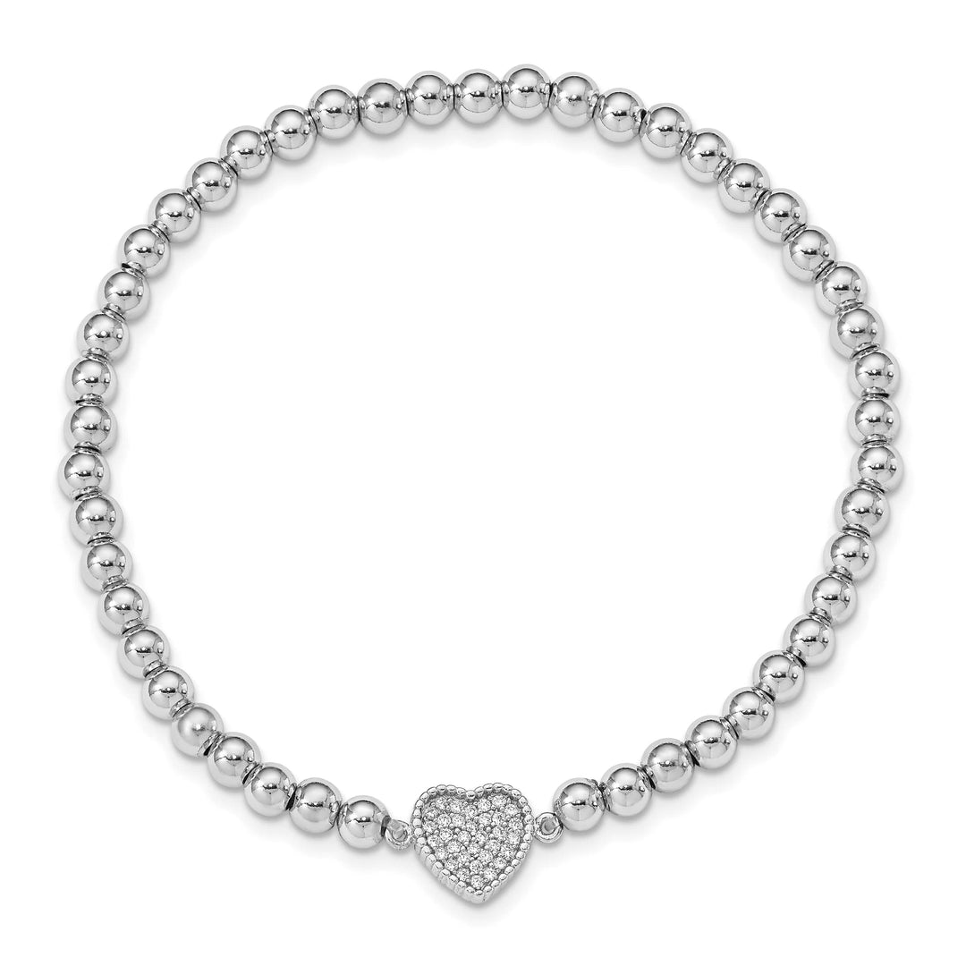 Sterling Silver Rhodium-plated Beaded CZ Heart Stretch Bracelet