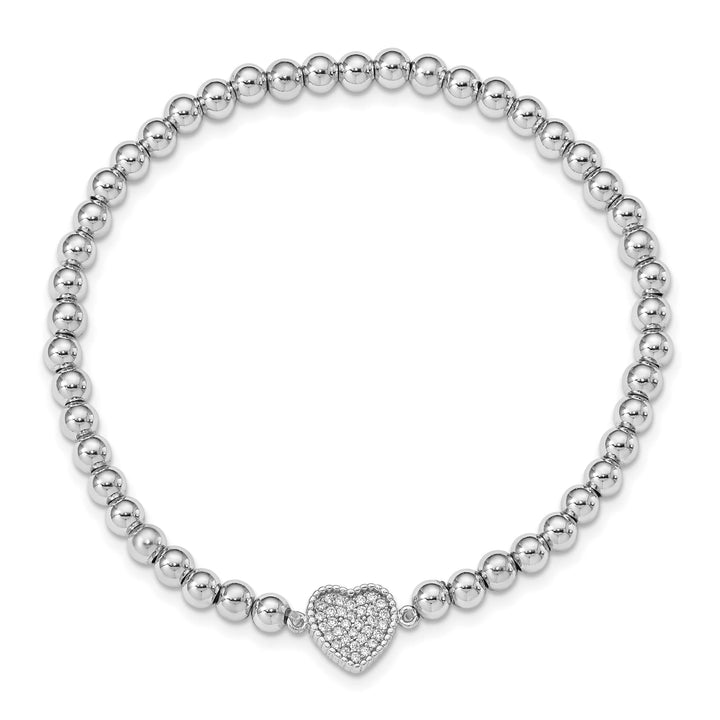 Sterling Silver Rhodium-plated Beaded CZ Heart Stretch Bracelet