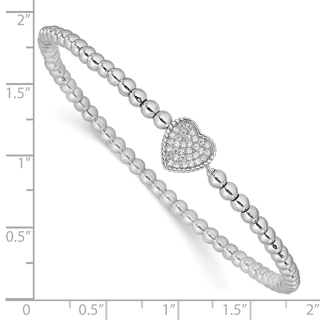 Sterling Silver Rhodium-plated Beaded CZ Heart Stretch Bracelet