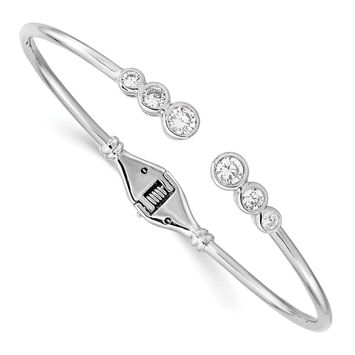 Sterling Silver Rhodium-plated Bezel CZ Hinged Bangle Cuff Bracelet