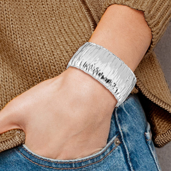 Sterling Silver Rhodium-plated Crinkle Textured 31.5mm Cuff Bangle