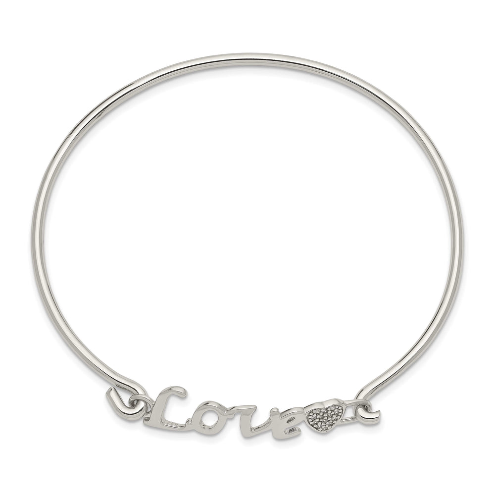 Sterling Silver Rhodium-plated LOVE with CZ Heart Hook Closure Bangle